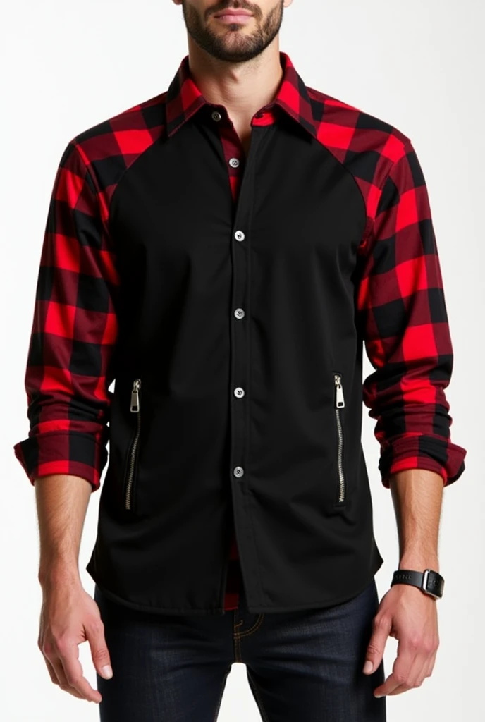 Raglan social shirt, with zipper on top, buttons on the body in the center, part of the hem open without zipper or buttons, with black shirt body, with long sleeves black and red plaid all over, all black rolled up sleeve hem, shirt hem being red and black checkered, large red and black plaid collar, two zippered pockets, One on Each Side, men's fashion