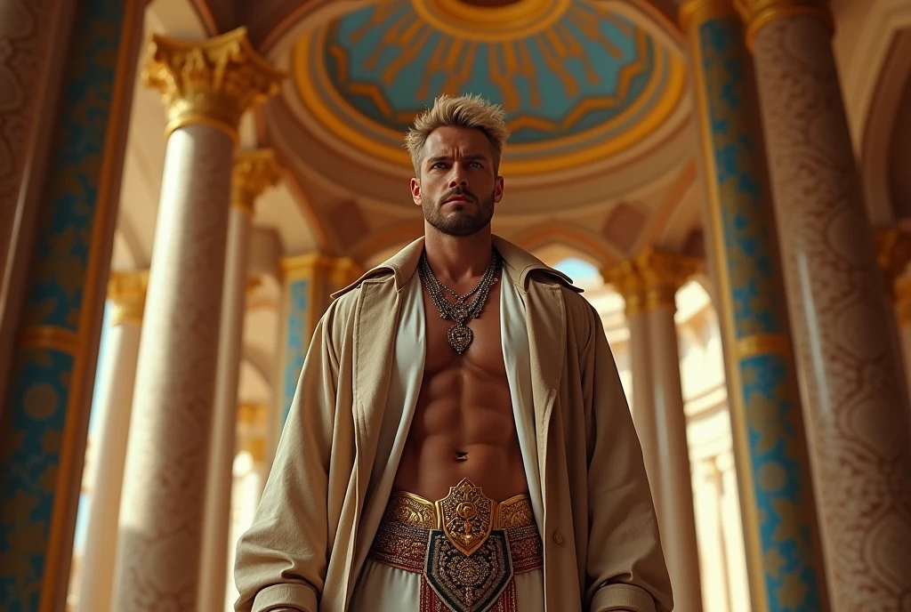 (man:1.5),1 man,male, muscle, 1 chico, muscle, pectoral,  muscular, Mature man,45 years,1 man,macho man,((by rubio,cute hairstyle,short by rubio)),(((blonde very short beard, blonde very short beard))), (((blue_eyes:1.3))),Intricate eyes,beautiful detailed eyes,symmetrical eyes,thick, ((detailed face)),macho man,

(male Caucasian Prince),Prince,

(((shiny skin:1.5,tanned skin,shiny skin: 1.5,tanned skin,shiny skin,very shiny skin,shiny body))),powerful,heroic,NSFW,

 Caucasian,elegant,

(open coat, arabic fashion,arab shelter, Cowboys,White shirt,  Masculine traits, modern style,arabic clothing),(((blue shelter, blue shelter outfit, wearing a blue shelter:1.3,arabian blue shelter))),(arabic jewelry,Intricate necklace),((bulge in pants)),(((Intricate outfit,Intricate clothes,embellished suit))),

(dynamic pose:1.0),ashamed,(centered,Scale to fit dimensions,rule of thirds),

inside,(enormes columnas de un arab palace,arab palace,arab palace background),scenery,extremely scenery,Arabic style,

(Bright winter decorations),High resolution,sharp focus,(ultra detailed,extremely detailed),(photorealistic artwork:1.37),(extremely detailed CG unity 8k wallpaper),(((vibrant colors,vibrant theme))),(Intricate),(masterpiece),(Best Quality),artistic photography,(photograph taken by sldr),(Intricate background),perfect rendered face,perfect face details,realistic face,realistic photo,((Intricate detail)),(((Realism))),
