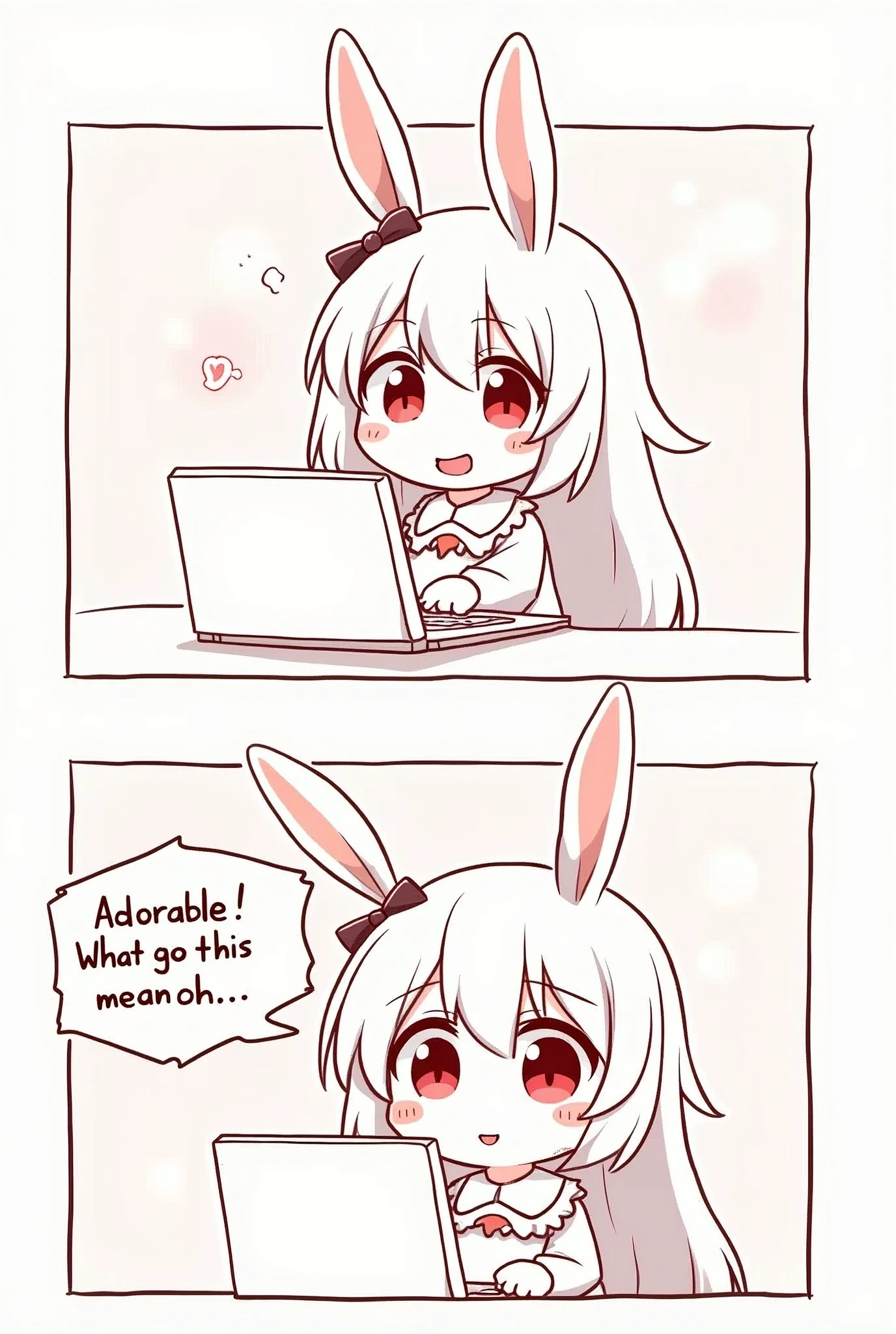 (2comic panels,dot halftone, flat color,), quality\(masterpiece, best quality,8k,wallpaper of extremely detailed CG unit,hight resolution,top-quality,top-quality real texture skin,hyper realisitic,increase the resolution,RAW photos,best qualtiy,highly detailed,the wallpaper\), 1girl\(2.5D,cute,kawaii,small ???,white hair:1.4,(long hair),(rabbit ear),white long dress with frill,red eyes,big eyes,beautiful shining eyes,skin color white,big black hairbow,watching internet,(smiling and says "Adorable! What does this mean? oh..." with face blushed:1.3)\)