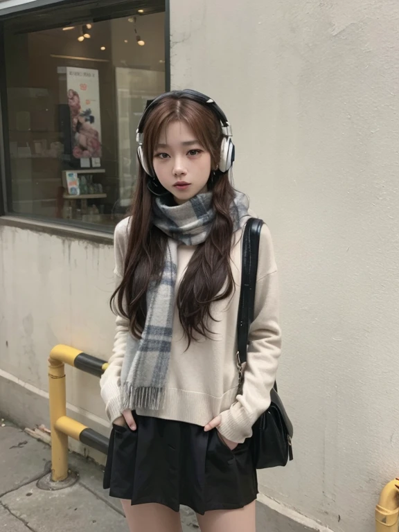 araffe girl with headphones and a scarf standing on a sidewalk, jennie pink black, cruel korean gothic girl, with headphones, Junko Enoshima, Gongbi, jossi de blackpink, with headphones, korean girl, with long hair, ulzzang, crystal, It&#39;s Junji&#39;s style, wearing black headphones, with long white hair, jennie blackpink, Beautiful woman, 18 years