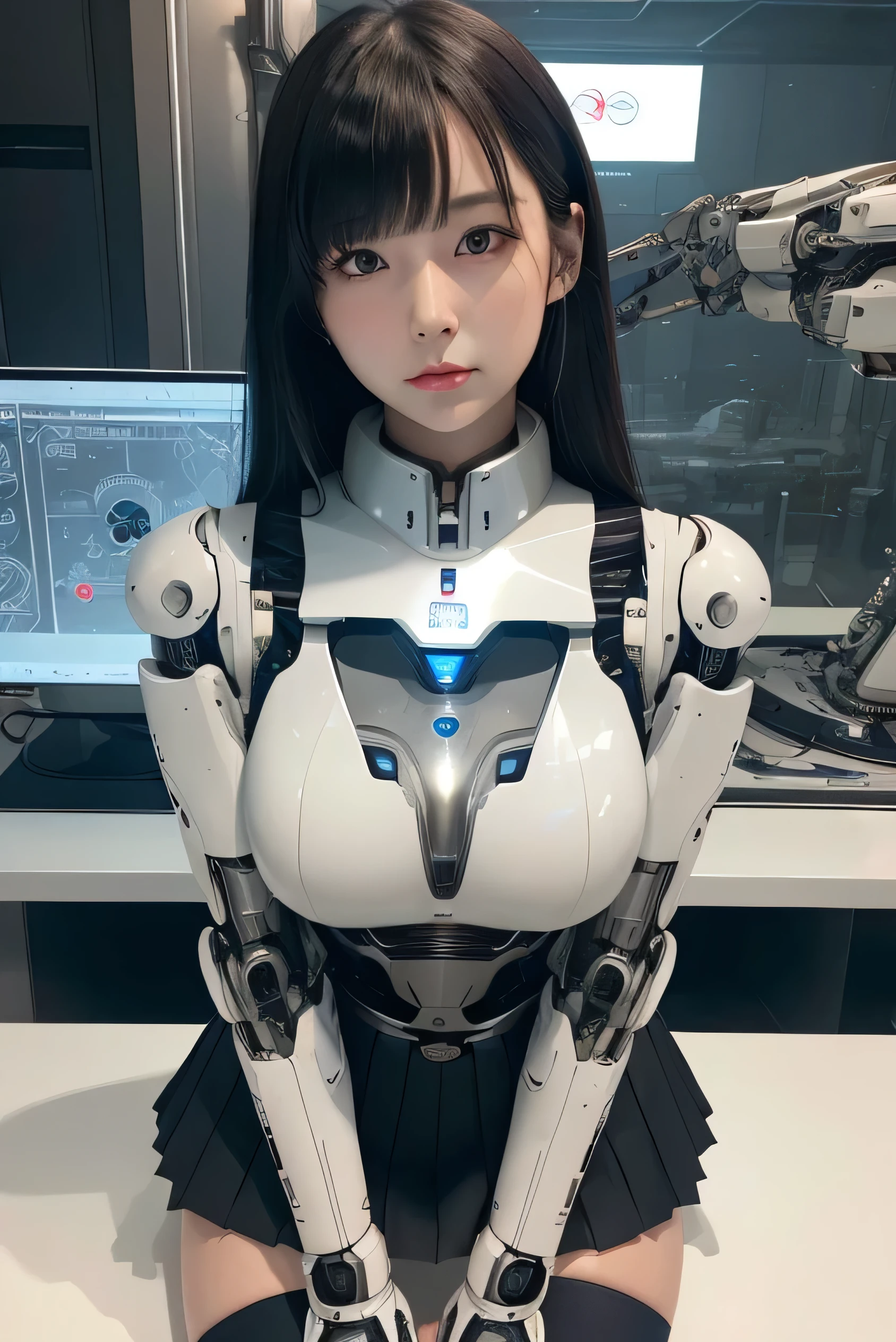 masterpiece, best quality, extremely detailed, Japaese Cyborg Girl,Plump ,navy pleated miniskirt,black tights,control panels,android,Droid,Mechanical Hand, ,clothes with a sense of mechanical technology, Robot arms and legs, Black Robot Parts,Black hair,Mechanical body,Blunt bangs,White abdomen,White robotics parts,tube dress,perfect robot woman,future laboratory,cyber pank,charging spot,android factory,robot factory,cyborg factory,long tube,thick cable connecting her neck,ceramic body ,blue eyes,smechanical body, android,robot humanoid,