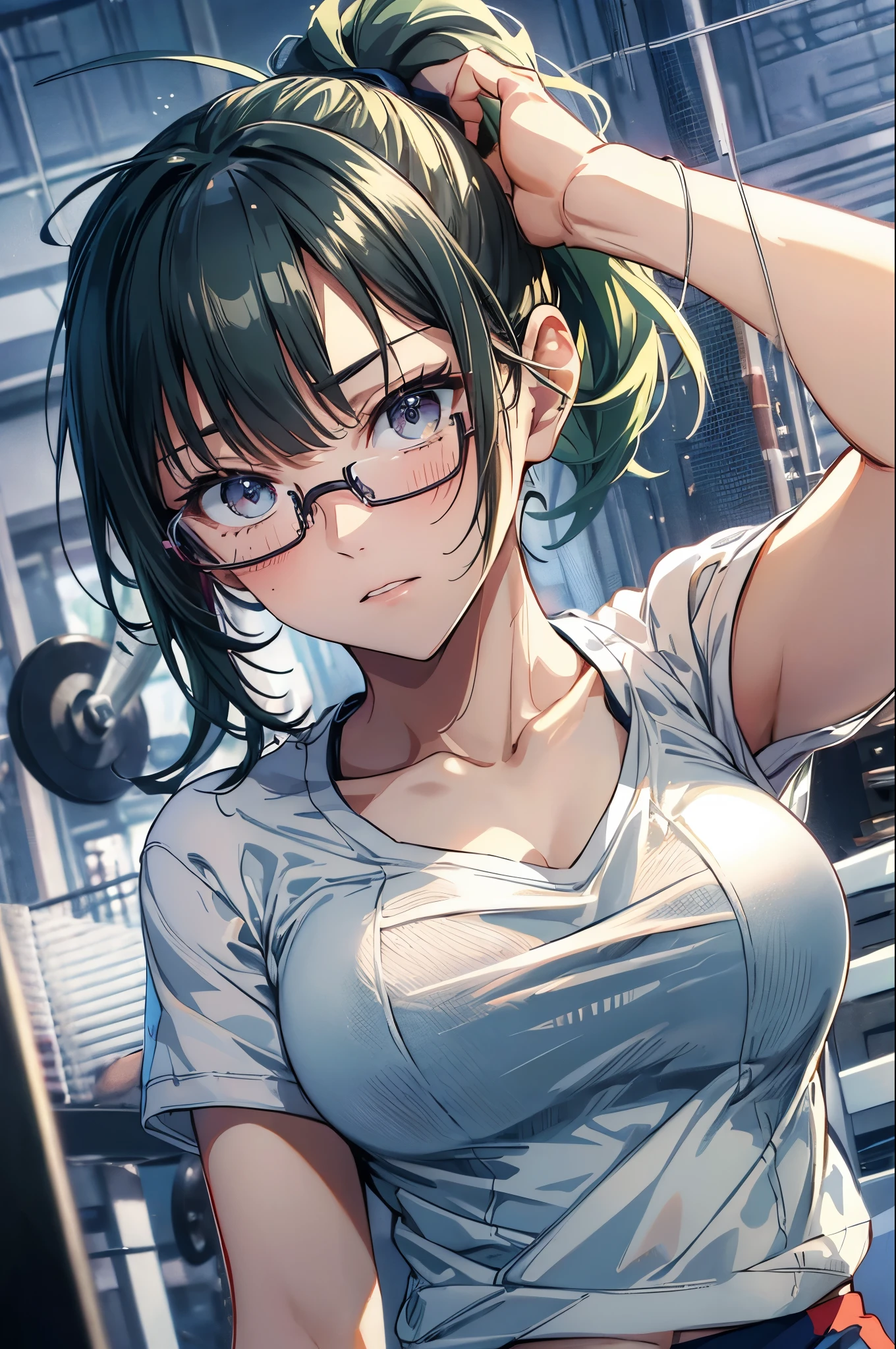 zenin_maki,ponytail,glasses,bangs,green hair,brown eyes,large breasts,slender,(white gym shirt, short sleeve,gym uniform,dark blue buruma:1.3), embarrassed ,blush,masterpiece,Noise Reduction,perfect anatomy,high resolution, ultra-detailed, ultra-detailed face,game cg,dutch angle ,beautiful detailed eyes,visualart,five fingers, perfect hands, perfect lighting, sparkling pupils,