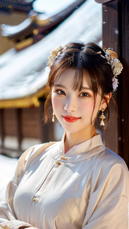 (1 girl, youthful gorgeous Lady, brown_eyes, brown_hair, earrings, jewelry, Forbidden City, Traditional Hanfu, Pink Hanfu, Hanfu,

Detailed Beautiful face, detailed Facial Features, dimples, Kind smile, Red lips, short hair, bob hair, cute ponytail, extremely detailed eyes, extremely detailed face, beautiful detailed lips, long eyelashes, arms close together, ears out, golden ratio face, golden ratio body, perfect body anatomy, huge breasts, big breasts, natural pose,  

(SNOW:1.3),
Night outdoors,  snow flakes, snow, winter,
(best quality, 4K, 8k, highres, masterpiece:1.2), ultra-detailed, (realistic, photorealistic, photo-realistic:1.37), HDR, uhd, sun lighting, ultra-fine painting, sharp focus, physically-based rendering, extreme detail description,  professional, vivid colors, award-winning, Cowboy_Shot, bokeh, SFW, Safe for Work)