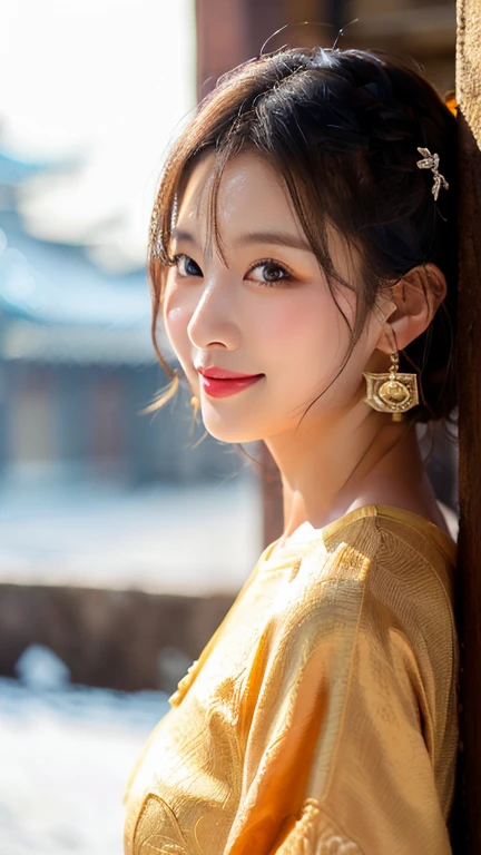 (1 girl, youthful gorgeous Lady, brown_eyes, brown_hair, earrings, jewelry, Forbidden City, Traditional Hanfu, Pink Hanfu, Hanfu,

Detailed Beautiful face, detailed Facial Features, dimples, Kind smile, Red lips, short hair, bob hair, cute ponytail, extremely detailed eyes, extremely detailed face, beautiful detailed lips, long eyelashes, arms close together, ears out, golden ratio face, golden ratio body, perfect body anatomy, huge breasts, big breasts, natural pose,  

(SNOW:1.3),
Night outdoors,  snow flakes, snow, winter,
(best quality, 4K, 8k, highres, masterpiece:1.2), ultra-detailed, (realistic, photorealistic, photo-realistic:1.37), HDR, uhd, sun lighting, ultra-fine painting, sharp focus, physically-based rendering, extreme detail description,  professional, vivid colors, award-winning, Cowboy_Shot, bokeh, SFW, Safe for Work)