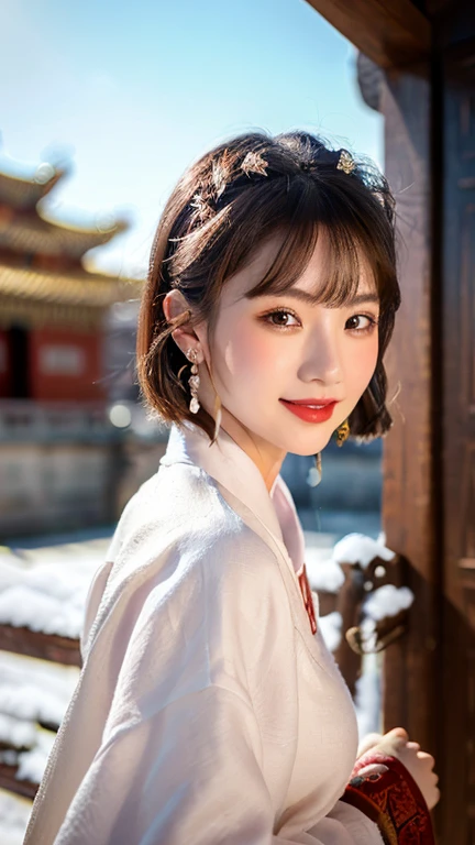 (1 girl, youthful gorgeous Lady, brown_eyes, brown_hair, earrings, jewelry, Forbidden City, Traditional Hanfu, Pink Hanfu, Hanfu,

Detailed Beautiful face, detailed Facial Features, dimples, Kind smile, Red lips, short hair, bob hair, cute ponytail, extremely detailed eyes, extremely detailed face, beautiful detailed lips, long eyelashes, arms close together, ears out, golden ratio face, golden ratio body, perfect body anatomy, huge breasts, big breasts, natural pose,  

(SNOW:1.3),
Night outdoors,  snow flakes, snow, winter,
(best quality, 4K, 8k, highres, masterpiece:1.2), ultra-detailed, (realistic, photorealistic, photo-realistic:1.37), HDR, uhd, sun lighting, ultra-fine painting, sharp focus, physically-based rendering, extreme detail description,  professional, vivid colors, award-winning, Cowboy_Shot, bokeh, SFW, Safe for Work)