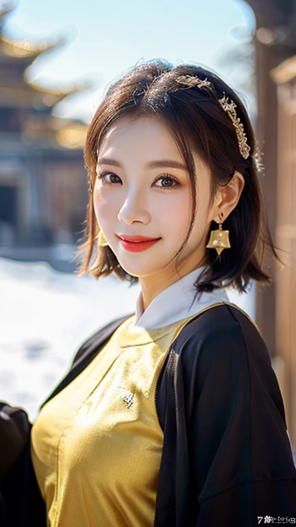 (1 girl, youthful gorgeous Lady, brown_eyes, brown_hair, earrings, jewelry, Forbidden City, Traditional Hanfu, Pink Hanfu, Hanfu,

Detailed Beautiful face, detailed Facial Features, dimples, Kind smile, Red lips, short hair, bob hair, cute ponytail, extremely detailed eyes, extremely detailed face, beautiful detailed lips, long eyelashes, arms close together, ears out, golden ratio face, golden ratio body, perfect body anatomy, huge breasts, big breasts, natural pose,  

(SNOW:1.3),
Night outdoors,  snow flakes, snow, winter,
(best quality, 4K, 8k, highres, masterpiece:1.2), ultra-detailed, (realistic, photorealistic, photo-realistic:1.37), HDR, uhd, sun lighting, ultra-fine painting, sharp focus, physically-based rendering, extreme detail description,  professional, vivid colors, award-winning, Cowboy_Shot, bokeh, SFW, Safe for Work)