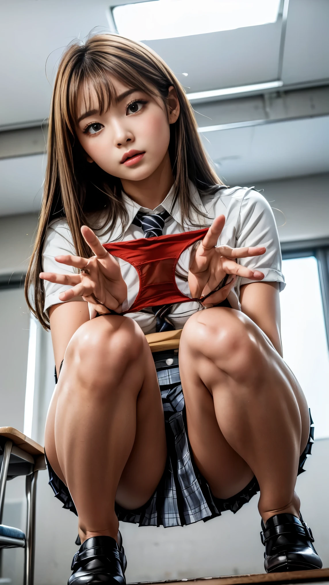 masterpiece, Highest quality, 8k, Young and beautiful girl, Baby Face、The clothes are big、photo shoot, Cute Face, Thighs, Bright classroom,  (((Embarrassing)))、Embarrassing、No makeup, 10 generations, Detailed face, Background Blur、Tight waist、((((School uniforms、White shirt、Checked mini skirt、Lift up your skirt、Showing Pussy、Show me your opussy)))), Straight hair、Light brown hair、(((have panties)))、Bright classroom、Thighs、((Crouching))、(((holding my panties)))、Show me your panties、Gal