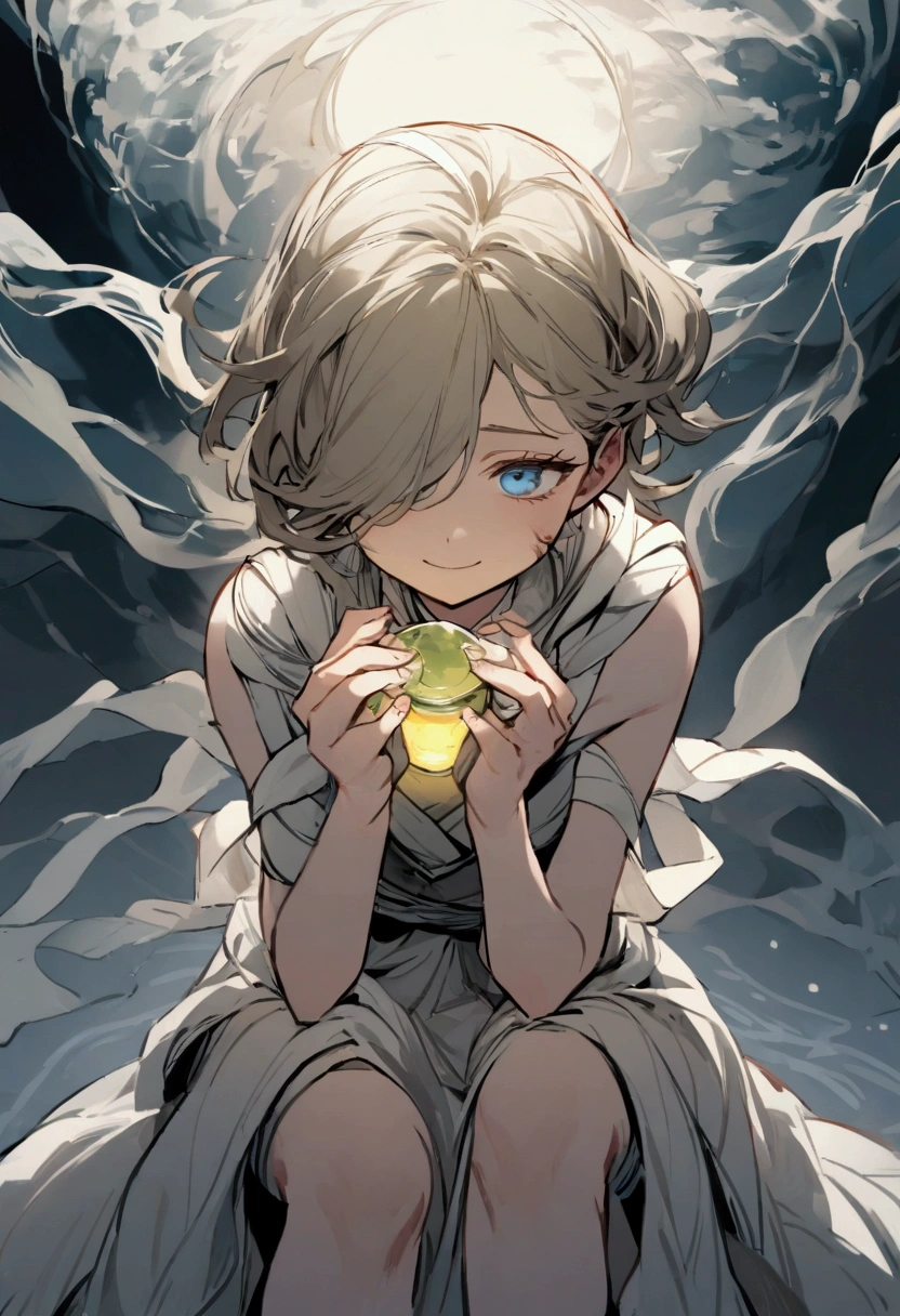 A young girl named Isolder, with long, slightly disheveled blond hair, falling in soft waves around the face. His face is partially covered by frayed white bandages., that cover his right eye and part of his face, revealing only his blue left eye, deep and expressive blue, shining with a gentle, concerned light. Despite the bandages, her face displays a kind and subtle smile. She wears a tattered and stained white dress that reaches her knees.. His posture is slightly hunched over, and she holds a small container with a drink, showing a mixture of shyness and caution. The general aura is one of mystery and vulnerability., with a sense of resilience despite its worn appearance. His arms fingers and neck are wrapped in bandages