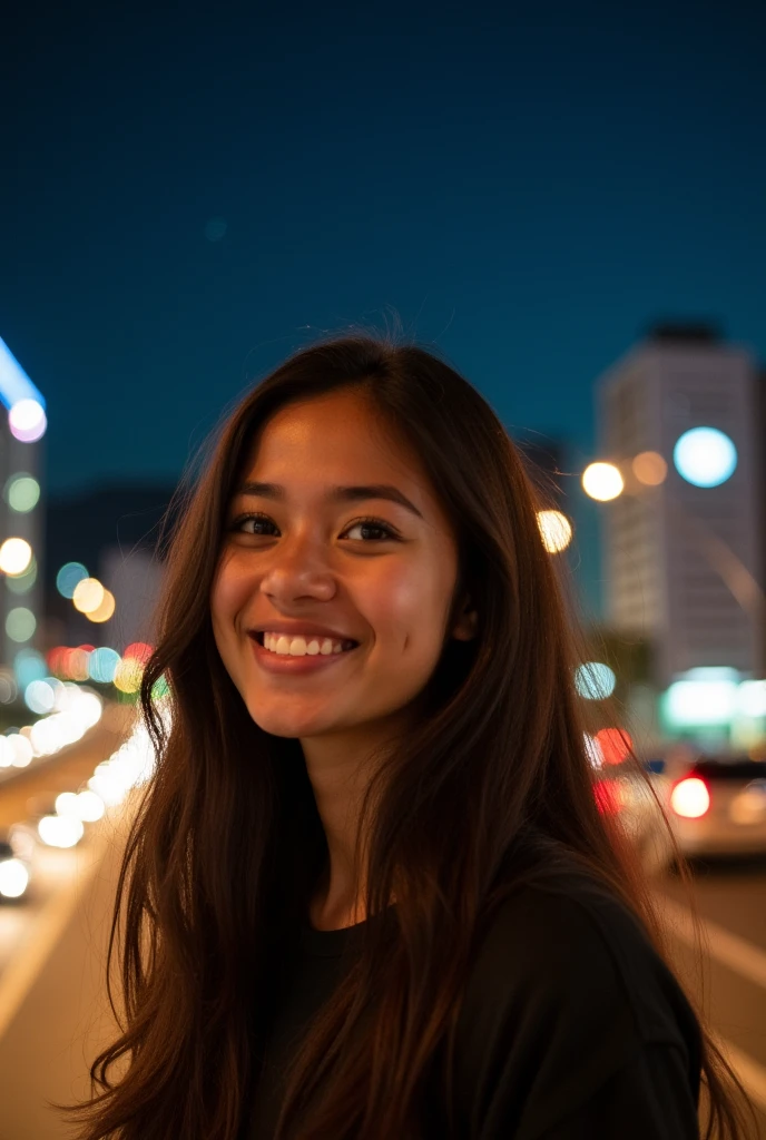 A young woman looking straight ahead, with a warm smile on his face, Her long, dark hair slightly disheveled by the breeze, In the background you can see the lights of the city at night, with illuminated skyscrapers and vibrant streets of Cali city,colombia, the clear night sky with some stars visible, The image captures a feeling of joy and serenity, Photography, taken with a Sony A7 III camera, lente 85mm f/1.4 p