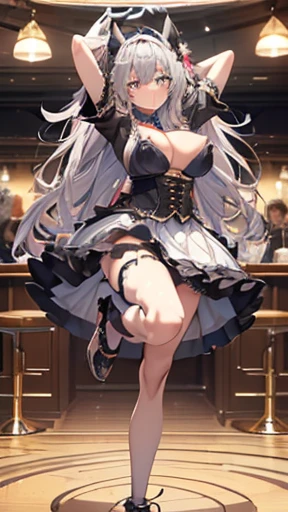 (Striped Hair, Messy Hair, Big Hair), (Expressive hair), ta Hairband, Cinema Lighting, Bust Chart, First Person View, Ultra-high resolution, (((masterpiece, Textured skin))), (Super Detail), Attention to detail, high quality, ((最high quality)), 16K, Gothic Loliostumes, Upturned eyes, pretty girl, Ruffled dress, At the cafe,Long silver hair,blue eyes, (Big Breasts:1.4),,(((Nipples))),corset,Fine Jewelry,whole body,(((I-shaped balance、Raise one leg straight up、Grow legs、Lift your legs above your head:1.5)))、