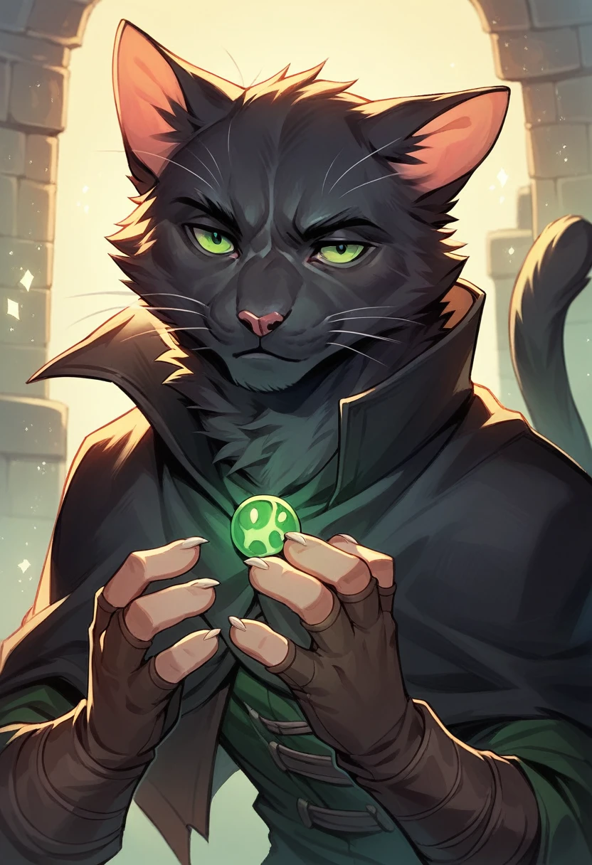 masterpiece, expressive eyes, perfect face, best quality, 1boy, male focus, solo focus, Adult, Tabaxi, Black fur, Cat, Cat tail, Green eyes, Rogue, Warlock, fingerless gloves, bloodbourne, black capelet