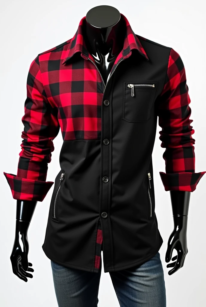 Raglan social shirt, with zipper on top, buttons on the body in the center, part of the hem open without zipper or buttons, with black shirt body, with long sleeves black and red plaid all over, all black rolled up sleeve hem, shirt hem being red and black checkered, large red and black plaid collar, two zippered pockets, One on Each Side, men's fashion