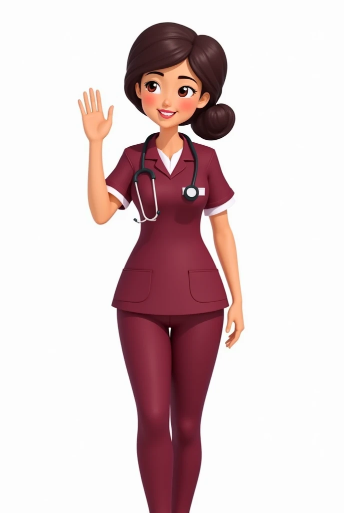 a female doctor in a maroon uniform waving ,animated with white background with contraceptive methods