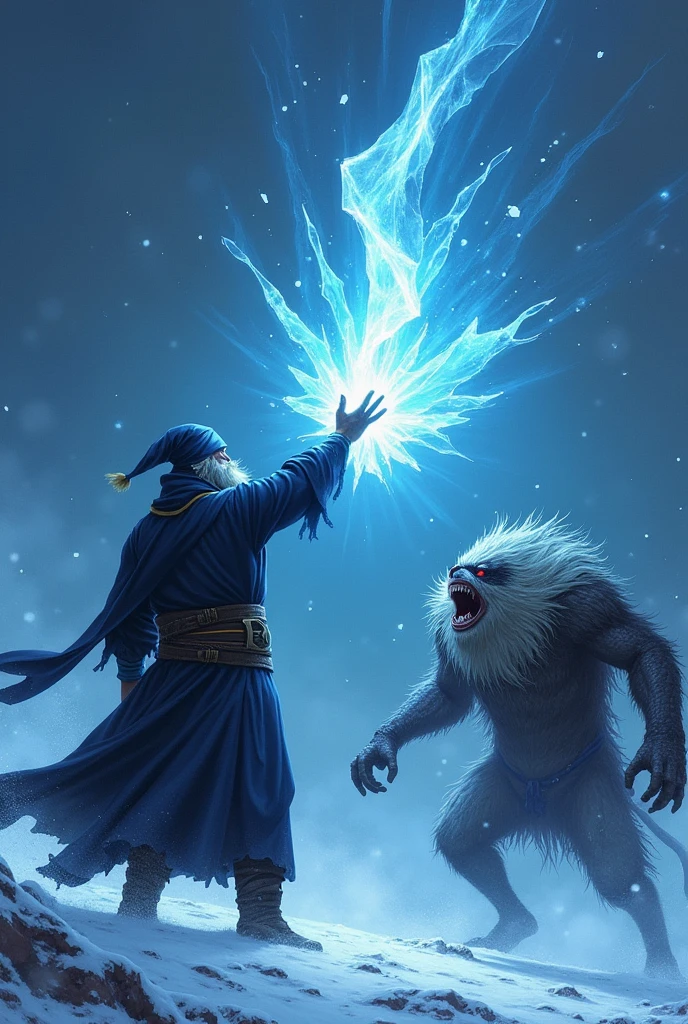 Create an illustration of a l ice spell in action. A mage stands with one hand raised, conjuring a sharp fragment of ice that hovers in the air, glowing with a cold, bluish light. The shard of ice is detailed with jagged edges and frost patterns, ready to be launched. The background suggests a cold, wintry environment with snowflakes swirling around. The target, a menacing creature within range, is in the mage's line of sight, its expression showing fear or determination as it faces the incoming ice shard. The scene is dynamic, capturing the moment just before the ice is unleashed