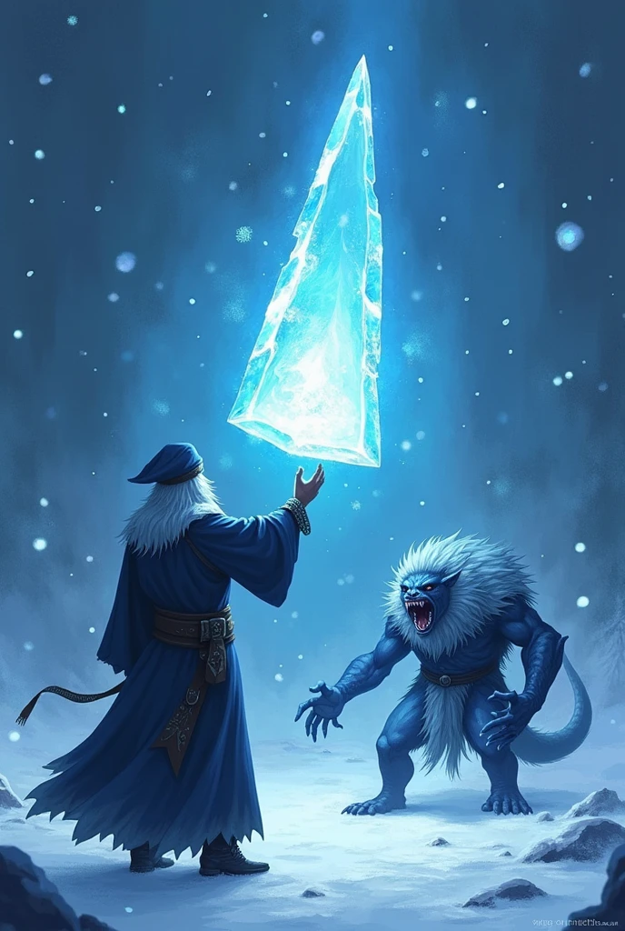 Create an illustration of a l ice spell in action. A mage stands with one hand raised, conjuring a sharp fragment of ice that hovers in the air, glowing with a cold, bluish light. The shard of ice is detailed with jagged edges and frost patterns, ready to be launched. The background suggests a cold, wintry environment with snowflakes swirling around. The target, a menacing creature within range, is in the mage's line of sight, its expression showing fear or determination as it faces the incoming ice shard. The scene is dynamic, capturing the moment just before the ice is unleashed