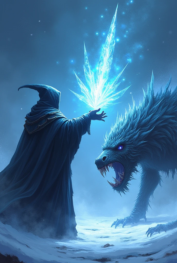 Create an illustration of a l ice spell in action. A mage stands with one hand raised, conjuring a sharp fragment of ice that hovers in the air, glowing with a cold, bluish light. The shard of ice is detailed with jagged edges and frost patterns, ready to be launched. The background suggests a cold, wintry environment with snowflakes swirling around. The target, a menacing creature within range, is in the mage's line of sight, its expression showing fear or determination as it faces the incoming ice shard. The scene is dynamic, capturing the moment just before the ice is unleashed