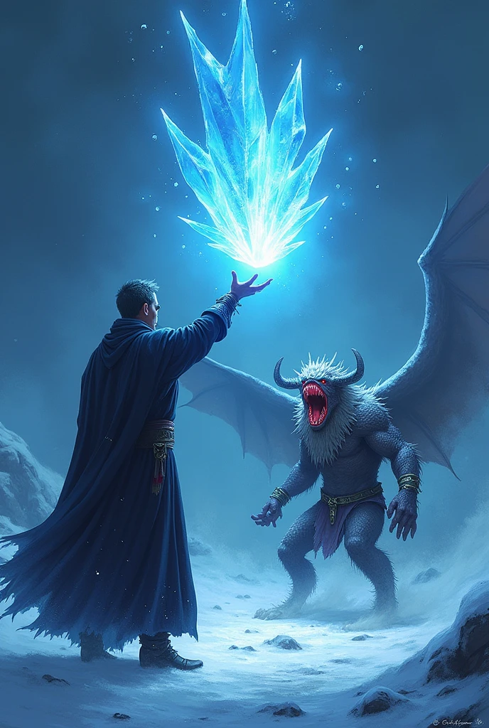 Create an illustration of a l ice spell in action. A mage stands with one hand raised, conjuring a sharp fragment of ice that hovers in the air, glowing with a cold, bluish light. The shard of ice is detailed with jagged edges and frost patterns, ready to be launched. The background suggests a cold, wintry environment with snowflakes swirling around. The target, a menacing creature within range, is in the mage's line of sight, its expression showing fear or determination as it faces the incoming ice shard. The scene is dynamic, capturing the moment just before the ice is unleashed