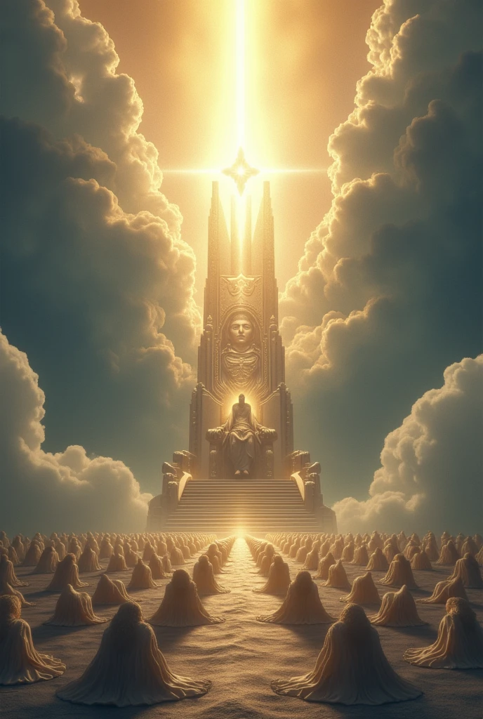 Generate a white throne, Great and very high in the sky, God with his face covered in light, and below him angels with wings prostrated before the throne with their faces on the ground