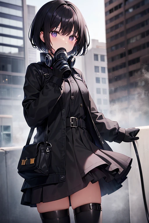 Girl, short black hair, (black gas mask), violet eyes, black jacket, short black skirt, black boots, black stockings, black gloves.