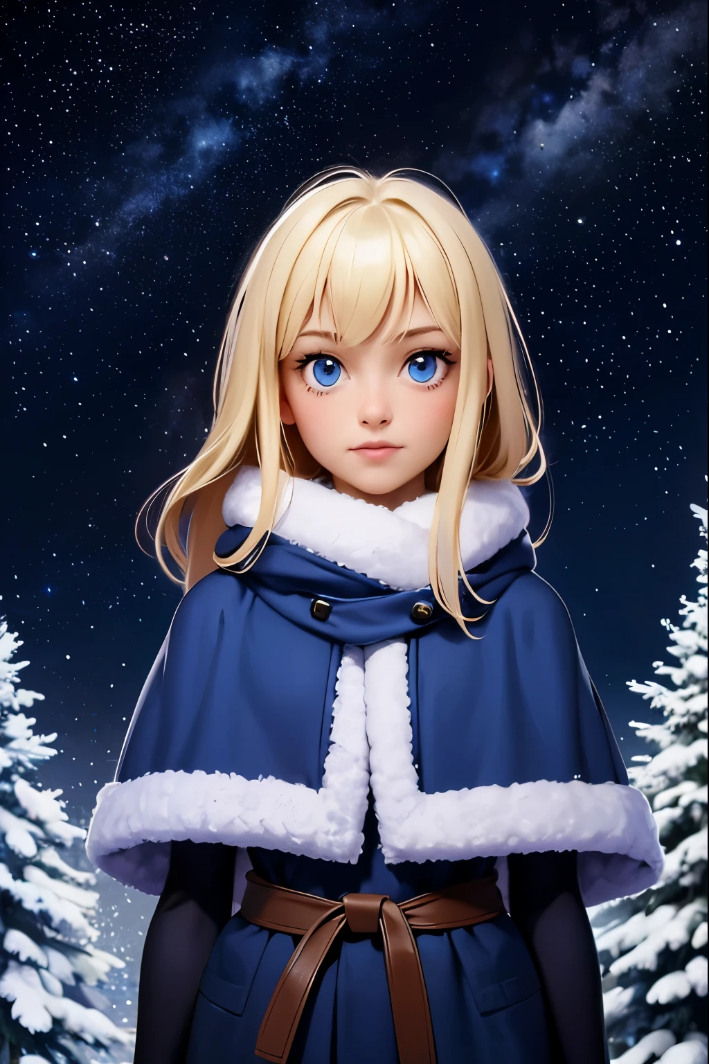 hills night sky. winter, winter colors, winter landscape, sky with stars, sky colors prussian blue cobalt blue purple cyan. planets, bright stars, shooting stars, windblown treetops moved by the wind, thre beautiful blonde girl in winter clothes observes the starry sky with a dreamy look.