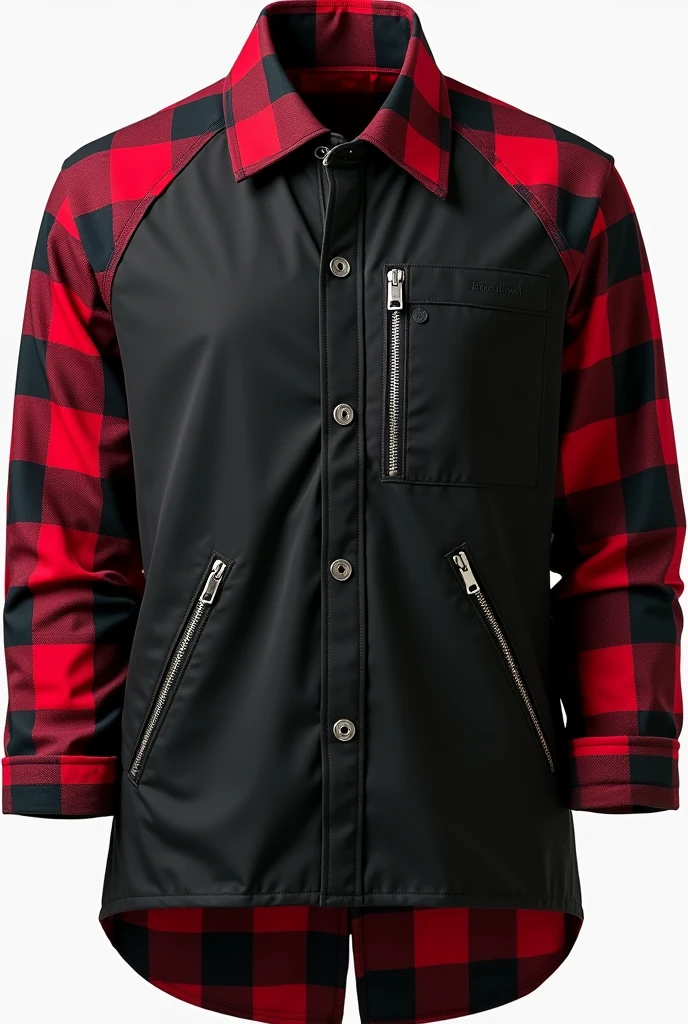 Raglan social shirt, with zipper on top, buttons on the body in the center, part of the hem open without zipper or buttons, with black shirt body, with long sleeves black and red plaid all over, all black rolled up sleeve hem, shirt hem being red and black checkered, large red and black plaid collar, two zippered pockets, One on Each Side, men's fashion