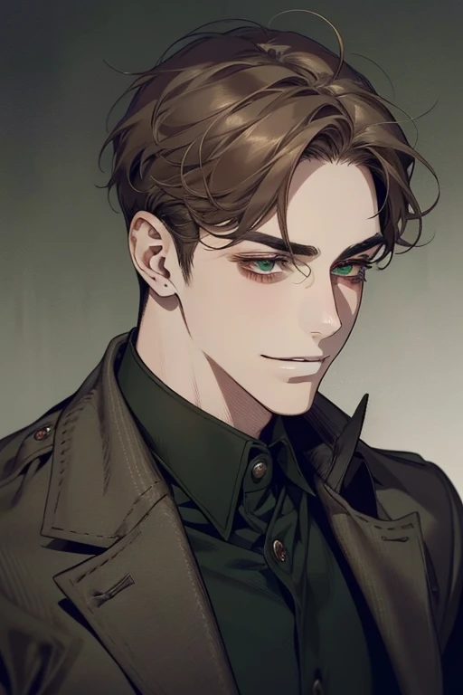 masterpiece, best quality, realistic, 1man, mature male, quiet and charming young man, 18 years old, smirk and look on the side, closed mouth, portrait, extremely detailed face, smirk, (dark green eyes), (short-side-swept shar brown hair)), [thick eyebrows], (detective clothing)