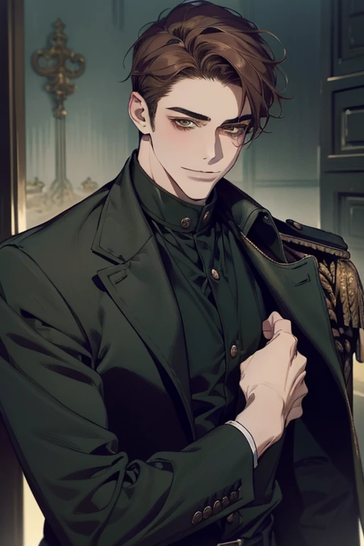 masterpiece, best quality, realistic, 1man, mature male, quiet and charming young man, 18 years old, smirk and look on the side, closed mouth, portrait, extremely detailed face, smirk, (dark green eyes), (short-side-swept shar brown hair)), [thick eyebrows], (detective clothing)