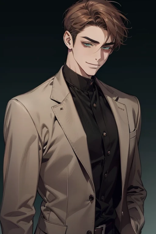 masterpiece, best quality, realistic, 1man, mature male, quiet and charming young man, 18 years old, smirk and look on the side, closed mouth, portrait, extremely detailed face, smirk, (dark green eyes), (short-side-swept shar brown hair)), [thick eyebrows], (detective clothing)