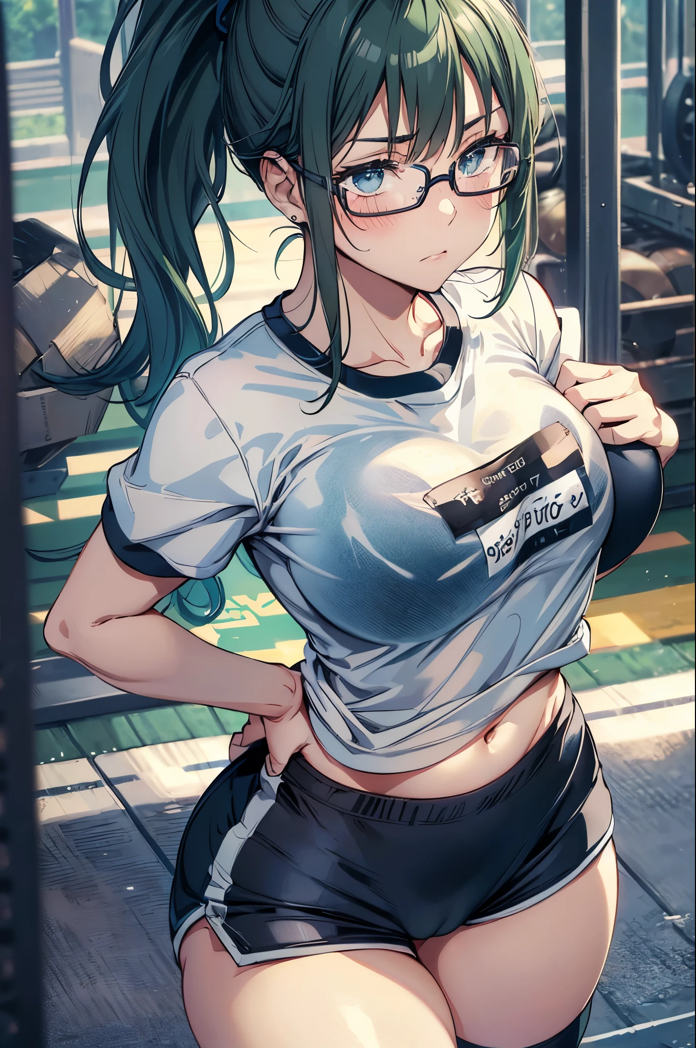 cowboy shot,zenin_maki,ponytail,glasses,bangs,green hair,brown eyes,large breasts,slender,(white gym shirt, short sleeve,gym uniform,dark blue buruma:1.3),(cameltoe:1.3), embarrassed ,blush,masterpiece,Noise Reduction,perfect anatomy,high resolution, ultra-detailed, ultra-detailed face,game cg,dutch angle ,beautiful detailed eyes,visualart,five fingers, perfect hands, perfect lighting, sparkling pupils,