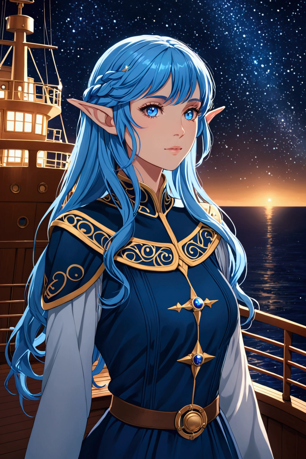 A portrait of an elf woman from the waist up. Blue hair, blue eyes. She is standing on the deck of a ship. There are stars in the beautiful night sky. She is wearing a modest uniform.