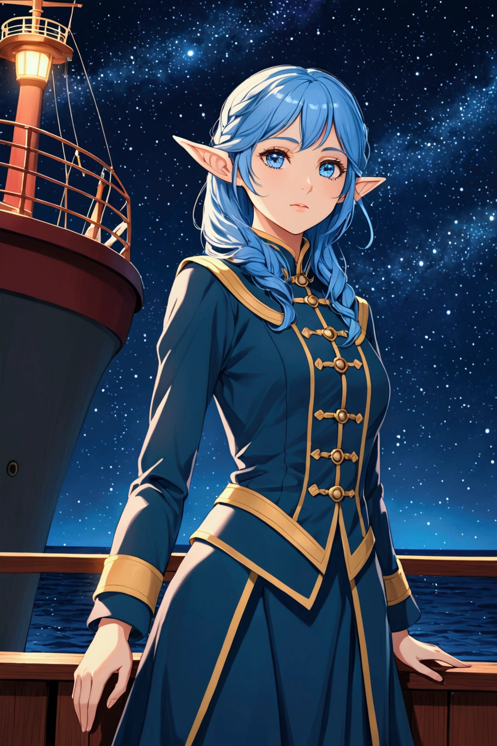 A portrait of an elf woman from the waist up. Blue hair, blue eyes. She is standing on the deck of a ship. There are stars in the beautiful night sky. She is wearing a modest uniform.
