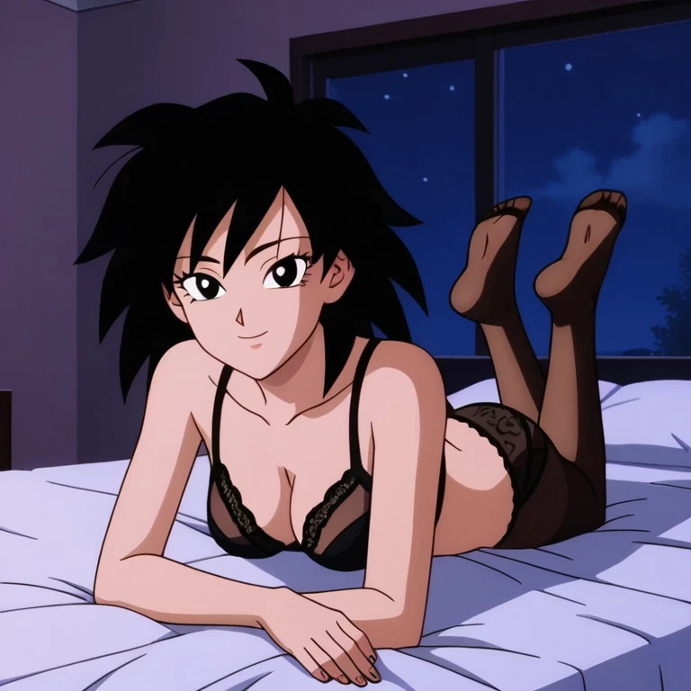 source_anime, score_9,score_8_up, score_7_up, ginedb, anime screencap, night club, night, bed,
1girl, solo, looking at viewer, black hair, smile, close mouth, medium hair, black eyes, spiked hair, eyelashes, masterpiece, best quality, very aesthetic, absurdres,
Full body, medium breasts, medium breasts, skinny body, little woman,  woman,
Liying on bed, feets, toes, perfect toes, ass, ass appears, seen from velow, 
Red Lingerie, girl lingerie, sexy lingerie, dark red bra, dark red panty, transparent tights, black tights