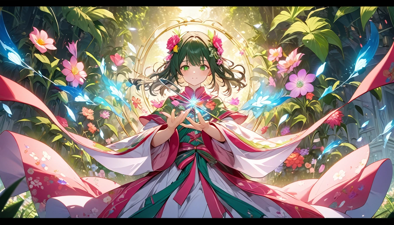 **223. One person。Flower magician battle scene。Magical Garden。Cowboy shot or close-up。  
masterpiece, best quality, ultra detailed (Detailed fingers), (Emotional), (Breathtakingly beautiful),  
(main part: 1.2 Whole body。), (Anime Style), (Very detailed), (Harnessing the power of plants),  
(超High resolution, High resolution), (8k), (High resolution: 1.2), (Complex and beautiful: 1.2)**
- background: A magical garden、A space filled with colorful flowers。
- Flower Magician: A girl in colorful robes who controls the power of flowers。
-pose: Wave the magic wand、The moment when the flower is manipulated to engulf the enemy。
-expression: Elegant and calm expression、A confident attitude that controls the magic of flowers。
- Effects: Flowers shot from a wand々Surrounding the enemy、Enveloping effects。
-color: Vibrant colors of pink and green、Contrast symbolizes the beauty of the garden。
