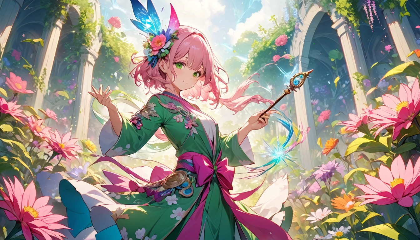 **223. One person。Flower magician battle scene。Magical Garden。Cowboy shot or close-up。
masterpiece, best quality, ultra detailed (Detailed fingers), (Emotional), (Breathtakingly beautiful),
(main part: 1.2 Whole body。), (Anime Style), (Very detailed), (Harnessing the power of plants),
(超High resolution, High resolution), (8k), (High resolution: 1.2), (Complex and beautiful: 1.2)**
- background: A magical garden、A space filled with colorful flowers。
- Flower Magician: A girl in colorful robes who controls the power of flowers。
-pose: Wave the magic wand、The moment when the flower is manipulated to engulf the enemy。
-expression: Elegant and calm expression、A confident attitude that controls the magic of flowers。
- Effects: Flowers shot from a wand々Surrounding the enemy、Enveloping effects。
-color: Vibrant colors of pink and green、Contrast symbolizes the beauty of the garden。