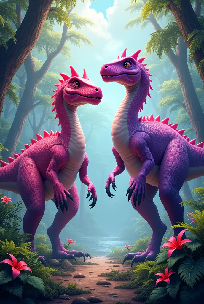 2 large dinosaurs both pink and purple