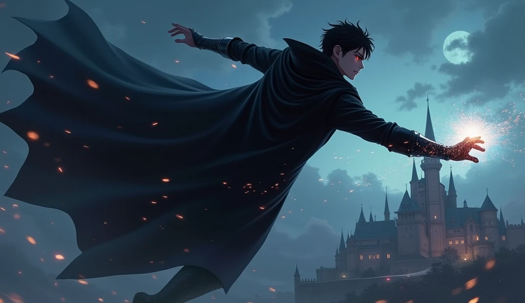At night, an enchanting adult masculine mage with a fierce demeanor, jet-black short hair framing his pale face, red eyes, clad in a sleek black robe, dark armor, black cape and hood, soars through the sky fastly towards a medieval city far far away. This stunning scene is portrayed in a detailed and lifelike painting, showcasing the wizard's intense furius gaze and the wind whipping through his dark attire. The artist skillfully captures the essence of magic and mystery in this riveting image, drawing viewers into the thrilling journey of a powerful and captivating figure. Anime style, Fantasy style