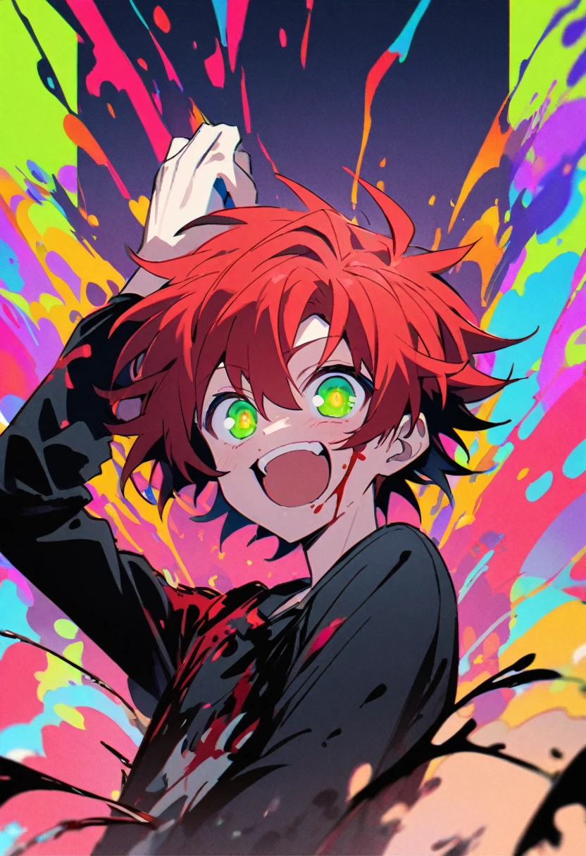 High resolution、1 male anime with red hair and green eyes looking at the camera.、bright Eyes、wear black clothes、colorful background、my hair is messy、Shadow body、bleeding、blood splash、dying、Laugh