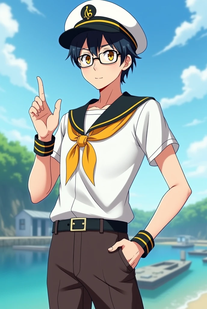 I want a full body image of a young, male anime character around 30 years old, The character is a sailor with glasses, black hair and white skin., The color of his eyes is yellow, wears a sailor hat with a musical note, a white sea captain&#39;s uniform, The color palette of the uniform is white with yellow, His pants are dark brown and he wears black boots.