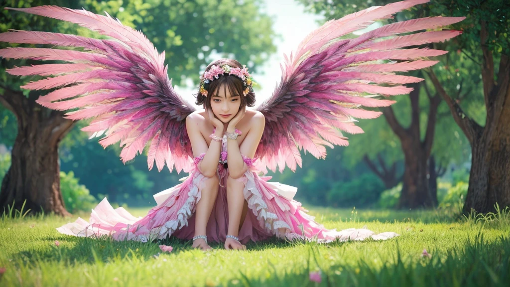 Create a hyper-realistic detailed intricate image, which depicts a figure with large, detailed pink wings sitting cross-legged on the ground. The wings have multiple layers and shades of pink, resembling feathers with a soft texture. The figure is adorned with pink flowers that match the wings, integrated into what appears to be a costume or body adornment. The setting is an outdoor scene with lush green grass and trees in the background, suggesting a serene and natural environment. Add some surreal elements to the scene.