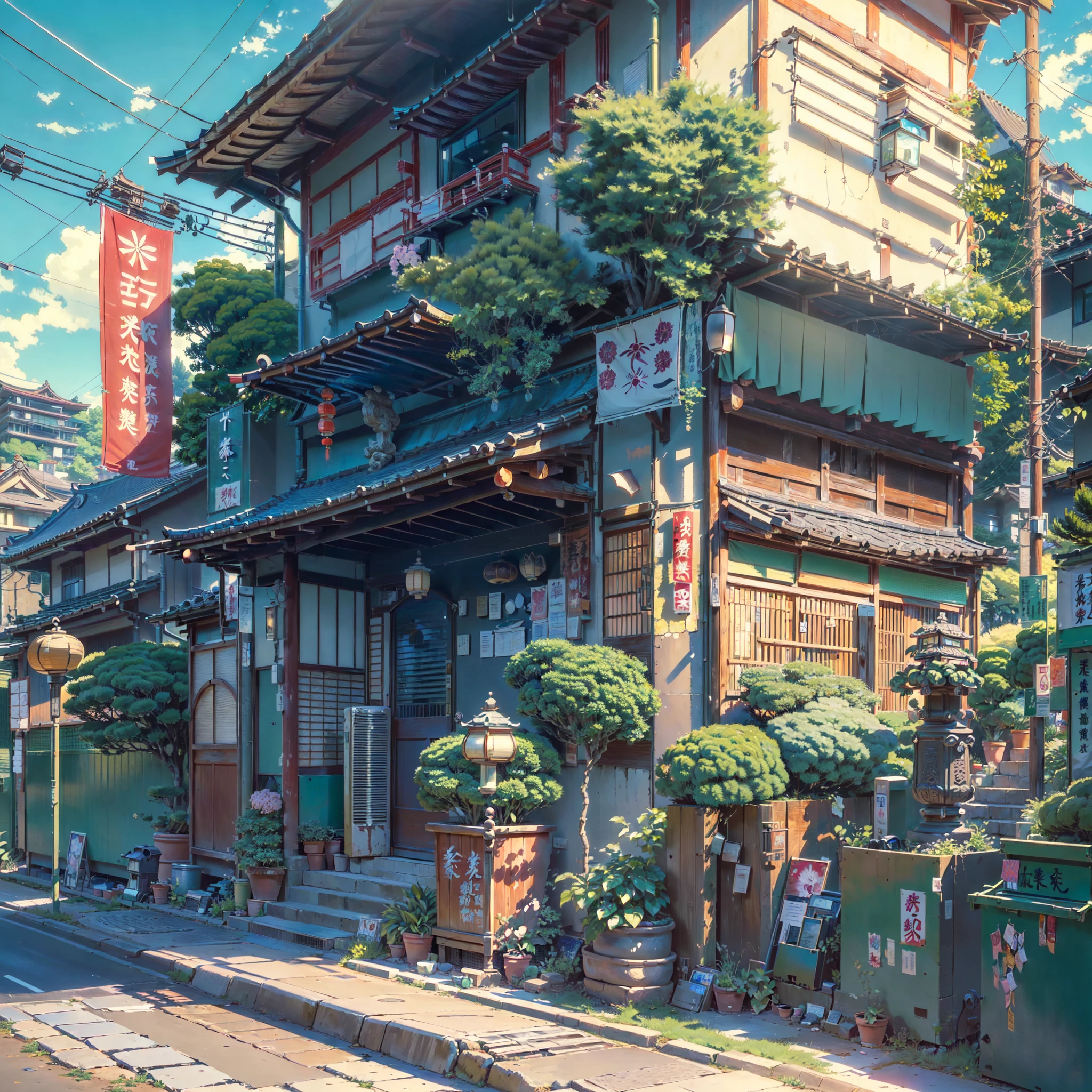 ((rural japanese street corner: 1.3)), ((camera facing the street corner: 1.1)) japanese architecture, ((torri gate: 1.2)), detailed anime artwork, anime scene, ((bright blue sky: 1.0)), extra detailed, very detailed, vibrant banners, big plant pots, , japanese lanterns, metal trash can, anime style, anime, lofi, lofi vibe, sparkle, cinematic lighting, god rays, glowing light, ((best quality:1.5)), ((masterpiece:1.5)), ((highly detailed:1.3)), ((anime aesthetic:1.2)), ((no one: 1.2)), ((no people: 1.2))