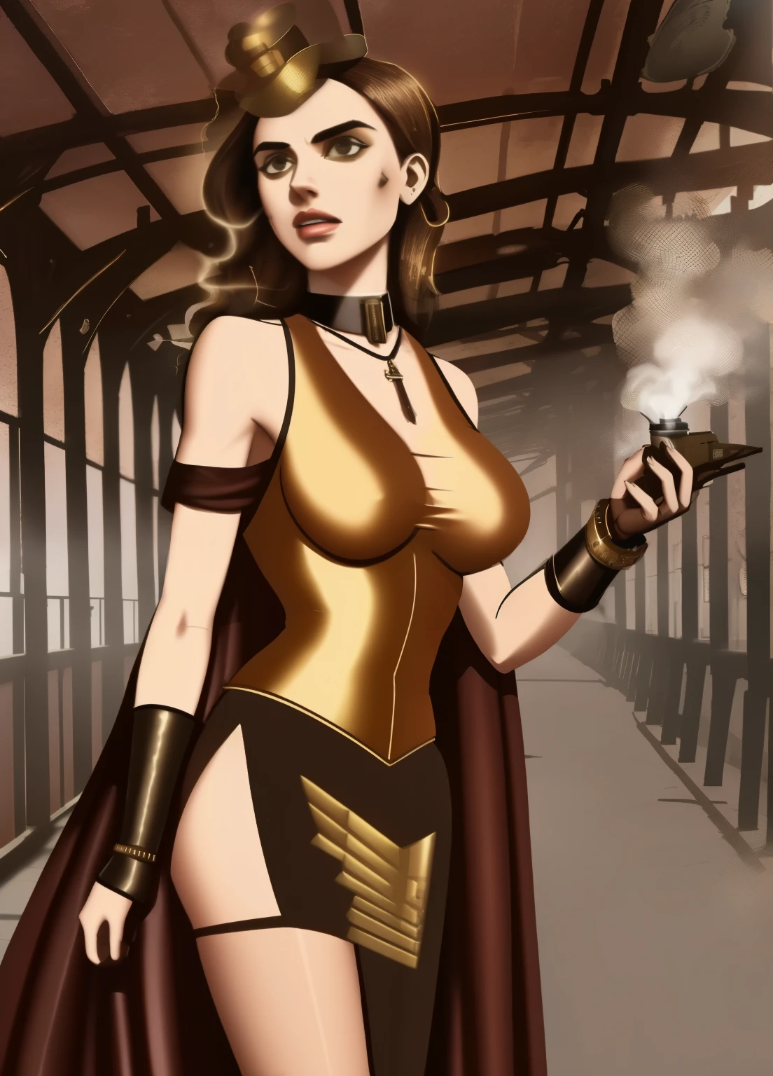 1 girl,  aviator hat ,   solo,   steam punk, train station,  , steam, smoke, masterpiece, highly detailed,HDR,8k resolution, best quality,