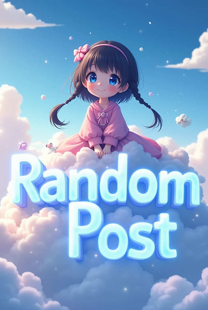Make an Image in an environment in the clouds with light blue sparkles with the text Random Post with white and luminous letters with a large anime girl sitting on the letters