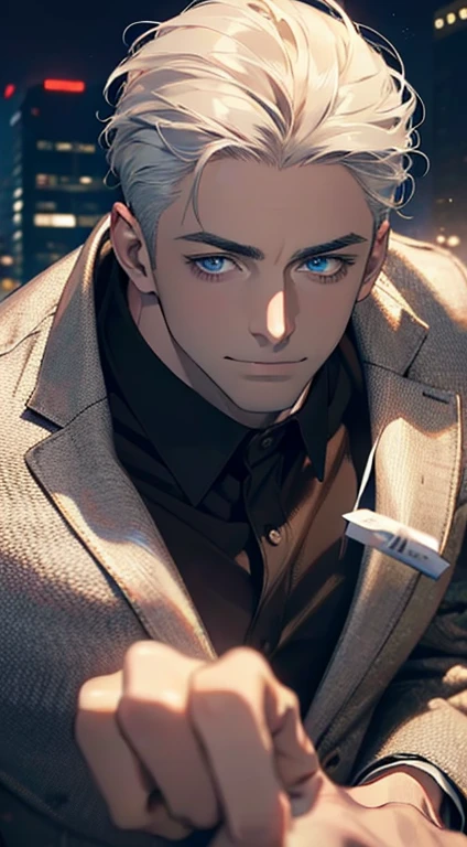 (best quality,4k,8k,highres,masterpiece:1.2),ultra-detailed,(realistic,photorealistic,photo-realistic:1.37),1 man,31 years old,mature man,very handsome,without expression,smile,short grey white hair,blue eyes,penetrating gaze,perfect face without errors,imposing posture,businessman,office background,cinematic lighting,hdr image