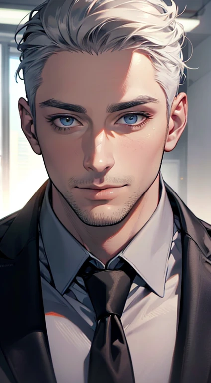 (best quality,4k,8k,highres,masterpiece:1.2),ultra-detailed,(realistic,photorealistic,photo-realistic:1.37),1 man,31 years old,mature man,very handsome,without expression,smile,short grey white hair,blue eyes,penetrating gaze,perfect face without errors,imposing posture,businessman,office background,cinematic lighting,hdr image