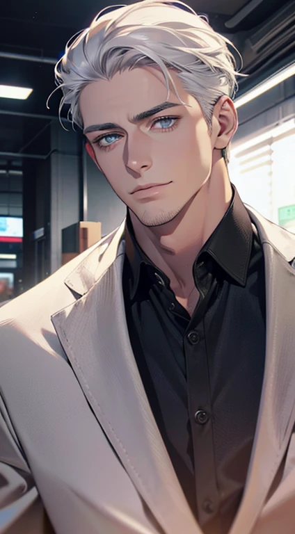 (best quality,4k,8k,highres,masterpiece:1.2),ultra-detailed,(realistic,photorealistic,photo-realistic:1.37),1 man,31 years old,mature man,very handsome,without expression,smile,short grey white hair,blue eyes,penetrating gaze,perfect face without errors,imposing posture,businessman,office background,cinematic lighting,hdr image