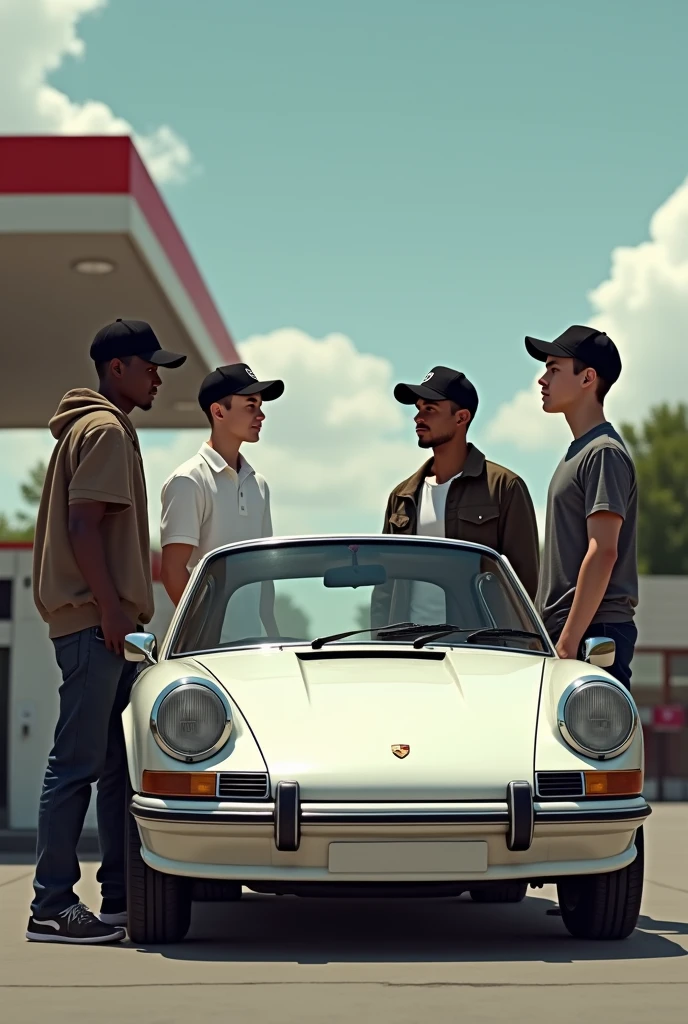 Two boys, an adult and a young man, one white and the other dark-skinned, in front of a white Porsche at a gas station, white people have to wear a black cap 