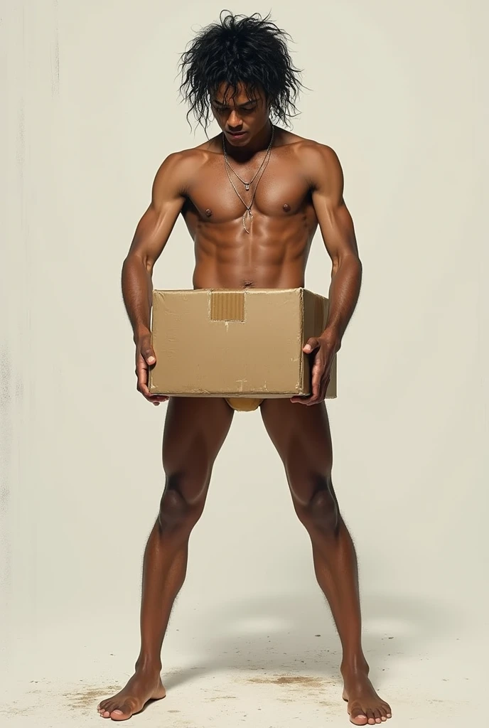 Michael Jackson, full body, completely naked and without clothes, ecovering his naked crotch taking a cardboard box around his waist