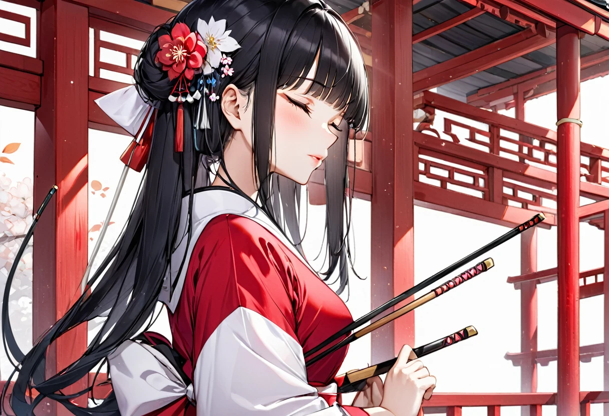 ((profile, standing Kyudo style)), (left hand holding) ((a old japanese long bow)), (Push forward left hand with it), (solo:2, 15 yo) (detailed beautifu blunt bangs:1.3) (beautiful sexy black hair very long hair) (beautiful shrine maiden girl) (detailed sexy closed eyes) (serious face, glossy lip) (medium tits), break, in a white Kyudo uniform, break, in the japanese Archery range, BREAK, perfect anatomy, masterpiece, best quality, 16k, beautiful detailed grow, daydreaming expression.