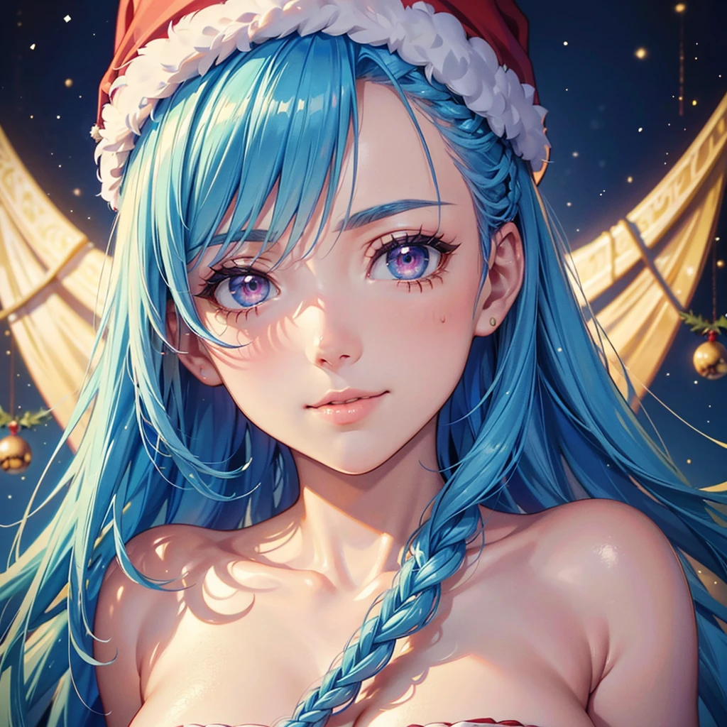 (Sky blue hair),(Braided short hair), (Pink Eyes),Fair skin) ,(whole body),(A huge towering Christmas tree),(A girl underneath),(Santa Claus clothes),(Cute smile),Santa Claus hat,(Christmas Party),(masterpiece, Highest quality, Very detailed, Best Shadow), (Detailed Background), (Beautifully detailed face), High Contrast, (Best lighting, Very delicate and beautiful), ((Cinematic Light)), Hyper Detail,8k, Dramatic Light, Intricate details,