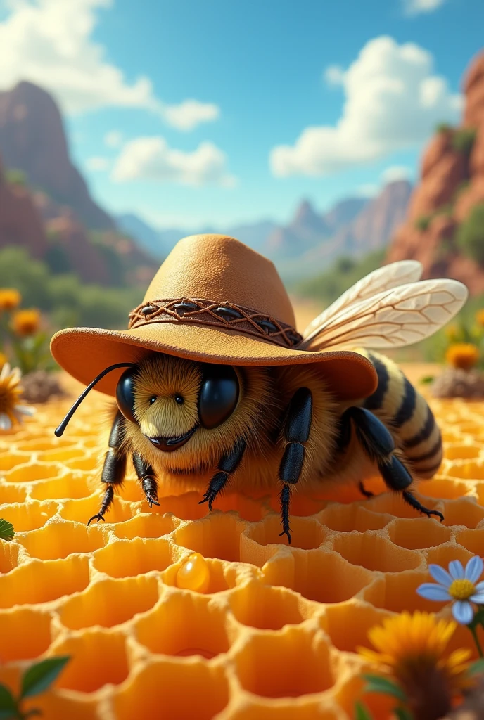 "Create an ultra-realistic image of an adult bee, with friendly expression, wearing a leather hat typical of the northeastern backlands. The bee is lying on a natural and detailed honeycomb of honey, with perfect hexagonal cells and a texture that conveys the sensation of wax. The comb should look like it was newly built by the bees., with a golden yellow hue and some cells still with fresh, shiny honey. No fundo, a panoramic view of mountains and plateaus, with the blue sky and some clouds typical of the Brazilian semi-arid region. the trees, like the mandacaru and the xique-xique, must present their thorny characteristics and rusticity, contrasting with the vibrant flowers that surround the honeycomb. The bee and the elements of nature must be portrayed with realistic details., including the texture of the hat leather, the bee's stripes, the spines of plants and the nuances of light and shadow. The color palette should be warm and vibrant, like shades of ocher, olive green and light blue, typical of the backlands. Avoid childish or caricatured elements, looking for a realistic and mature style."